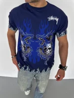 Unisex Bisiklet Yaka Baskılı Oversize T-Shirt - Lacivert - Görsel 3