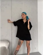 Unisex Yarım Fermuarlı Düz Oversize T-Shirt - Siyah - Görsel 3