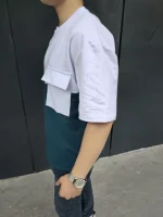 Unisex Torba Cep Detaylı Parçalı T-Shirt - Lacivert - Görsel 2