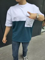 Unisex Torba Cep Detaylı Parçalı T-Shirt - Lacivert - Görsel 3