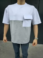 Unisex Torba Cep Detaylı Parçalı T-Shirt - Gri - Görsel 2