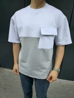 Unisex Torba Cep Detaylı Parçalı T-Shirt - Gri - Görsel 3