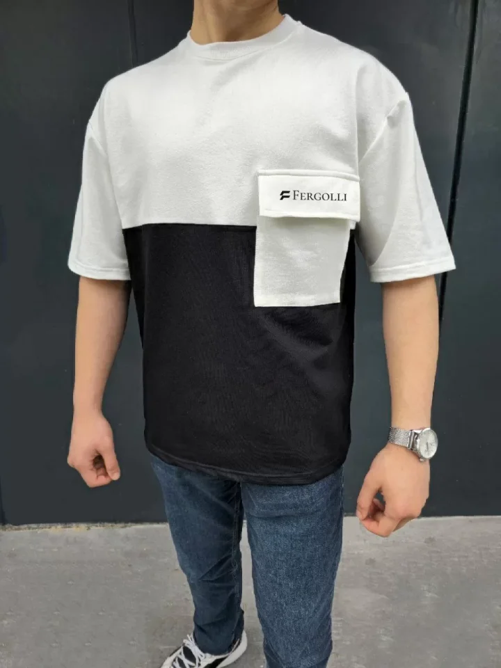 TY663d3db771991663d3db771993 Unisex Torba Cep Detaylı Parçalı T-Shirt - Siyah - Görsel 1