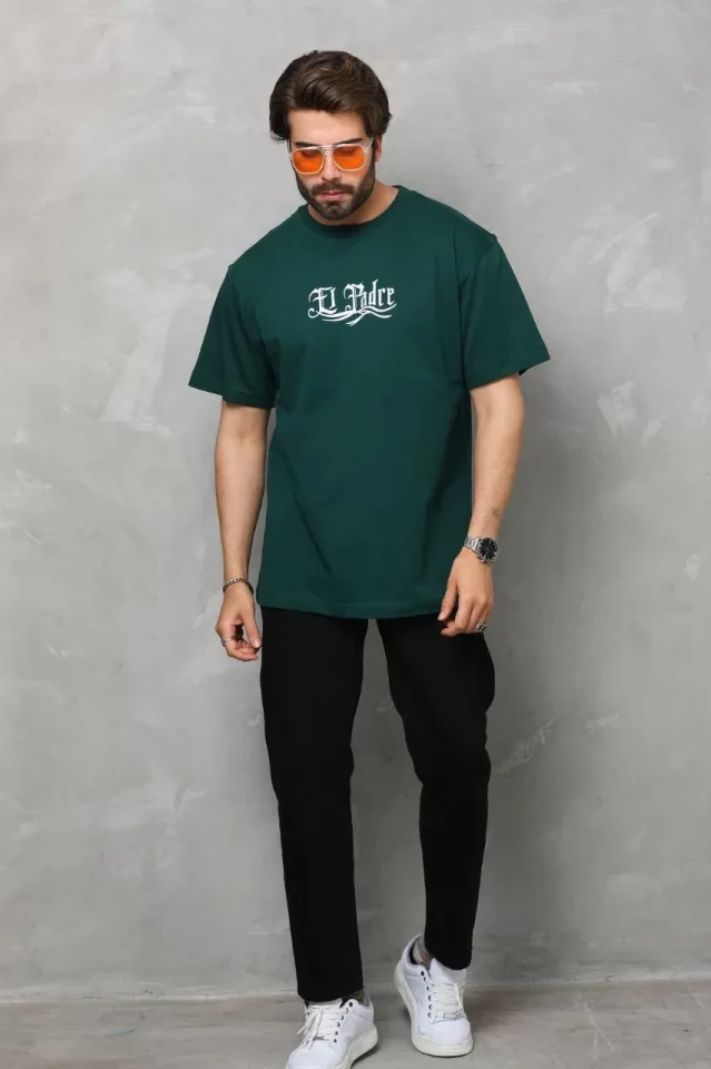TY6651aced8a0b56651aced8a0b8 Unisex Bisiklet Yaka Baskılı Oversize T-Shirt - Yeşil - Görsel 1