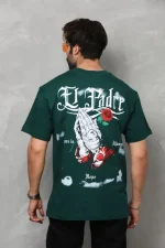 Unisex Bisiklet Yaka Baskılı Oversize T-Shirt - Yeşil - Görsel 3