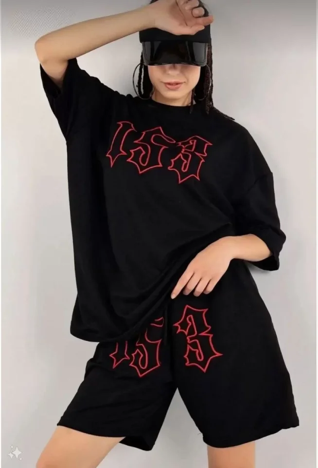 TY665255950693e6652559506941 Unisex Nakış İşlemeli Şort Takım - Siyah - Görsel 1