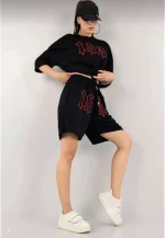 Unisex Nakış İşlemeli Şort Takım - Siyah - Görsel 3