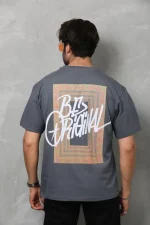 Unisex Bisiklet Yaka Baskılı Oversize T-Shirt - Füme - Görsel 2