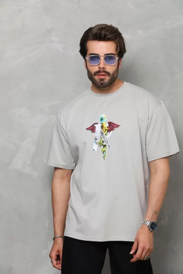 TY665a3ea89eda8665a3ea89edaa Unisex Bisiklet Yaka Baskılı Oversize T-Shirt - Gri - Görsel 1