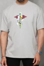 Unisex Bisiklet Yaka Baskılı Oversize T-Shirt - Gri - Görsel 2