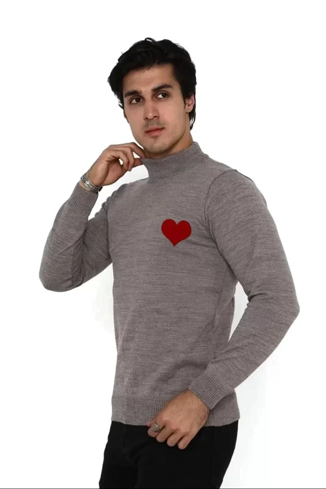 TY66c8fcbc9a74f66c8fcbc9a751 Unisex Yarım Boğazlı Baskılı Dokuma Triko - Vizon - Görsel 1