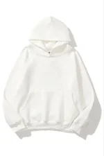 3 İplik Pamuklu Unisex Kapşonlu Sweetshirt - Beyaz