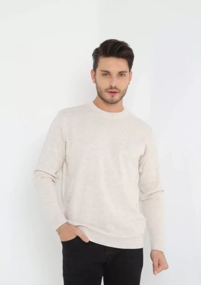 TY66ceeb6971d6666ceeb6971d68 Unisex Uzun Kol Biskilet Yaka Dokuma Triko - Bej - Görsel 1