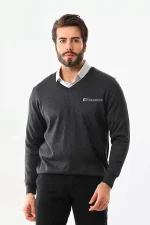 Baskılı V Yaka Uzun Kol Dokuma Triko - Füme - Görsel 2