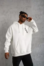 Unisex Kapşonlu Uzun Kol Baskılı Sweetshirt - Beyaz - Görsel 2