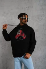 Erkek Eldiven Baskılı Kapüşonlu Sweat - Siyah - Görsel 2