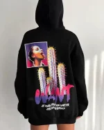 Baskılı Üç İplik Kapüşonlu Oversize Sweatshirt - Siyah - Görsel 2