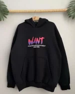 Baskılı Üç İplik Kapüşonlu Oversize Sweatshirt - Siyah - Görsel 3