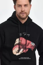 Unisex Kapüşonlu Üç İplik Oversize Baskılı Sweatshirt - Siyah - Görsel 2