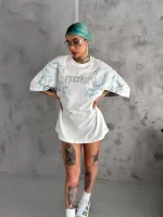 Unisex Bisiklet Yaka Baskılı Oversize T-Shirt - Beyaz - Görsel 2