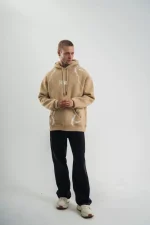 Double Oversize Kapşonlu Şimşek Pano Baskılı SweatShirt - Bej - Görsel 2