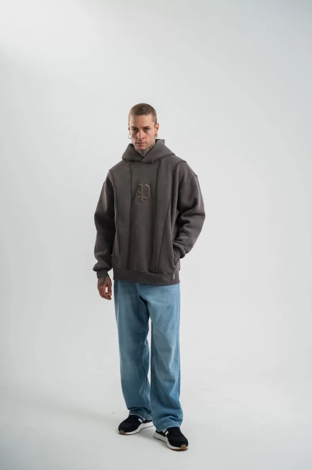 TY66ee8f78a790866ee8f78a790a Unisex Uzun Kol Kapşonlu Yıkamalı Nakışlı SweatShirt - Füme - Görsel 1