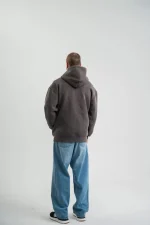 Unisex Uzun Kol Kapşonlu Yıkamalı Nakışlı SweatShirt - Füme - Görsel 2