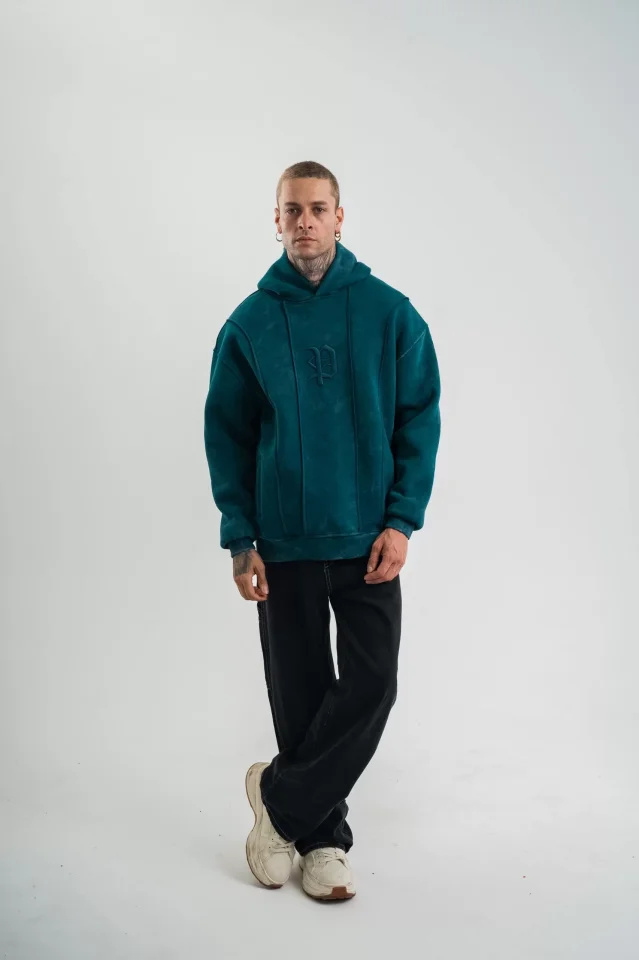 TY66ee9661c2ba266ee9661c2ba4 Unisex Uzun Kol Kapşonlu Yıkamalı Nakışlı SweatShirt - Koyu Deniz Yeşili - Görsel 1