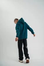 Unisex Uzun Kol Kapşonlu Yıkamalı Nakışlı SweatShirt - Koyu Deniz Yeşili - Görsel 3