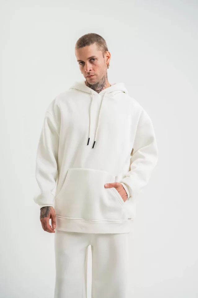 TY66f1dc52241e066f1dc52241e2 Unisex Double Oversize Kapşonlu Basic SweatShirt - Beyaz - Görsel 1