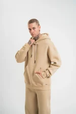 Unisex Double Oversize Kapşonlu Basic SweatShirt - Bej - Görsel 3