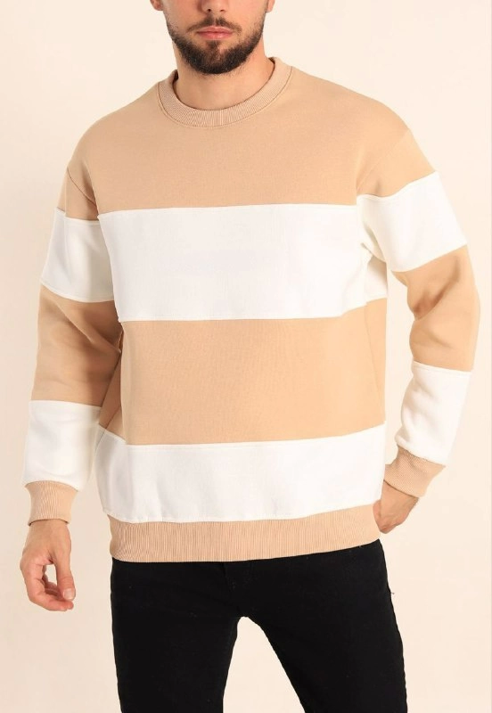 TY66f5d09c57faa66f5d09c57fac Parçalı Bisiklet Yaka Baskılı SweatShirt - Bej - Görsel 1