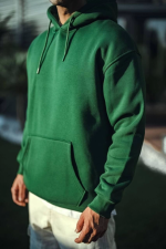 Üç İplik Penye Kapşonlu Basic SweatShirt - Haki - Görsel 3