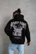 Erkek Kordon İpli Baskılı Kapüşonlu Sweatshirt - Siyah - Görsel 2