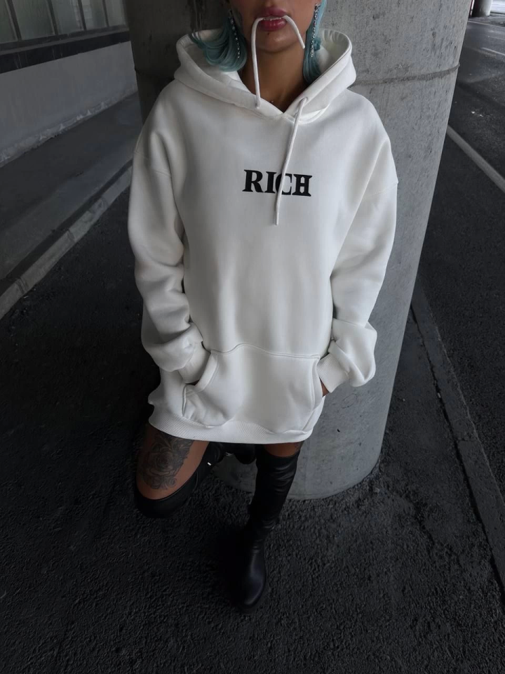 TY66ff0a9b6cc8e66ff0a9b6cc90 Uzun Kol Kapşonlu Göğüs Baskılı SweatShirt - Beyaz - Görsel 1