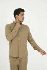 Düğmeli Tam Kalıp Uzun Kol Jakar Gömlek - Kahverengi - Görsel 2