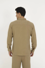 Düğmeli Tam Kalıp Uzun Kol Jakar Gömlek - Kahverengi - Görsel 3