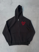 Üç İplik Baskılı Fermuarlı Kapşonlu Hırka - Siyah - Görsel 2