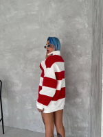 Unisex Üç İplik Parçalı Yakalı SweatShirt - Kırmızı - Görsel 2