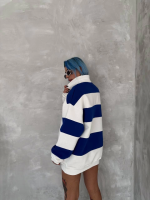 Unisex Üç İplik Parçalı Yakalı SweatShirt - Mavi - Görsel 2