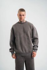 Unisex Uzun Kol Bisiklet Yaka Yıkamalı SweatShirt - Füme - Görsel 2