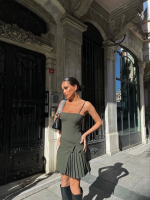 İki Parçalı Pileli Askılı Mini Elbise - Haki - Görsel 2