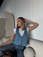 Triko Kolsuz Düğmeli Yelek - Mavi - Görsel 3