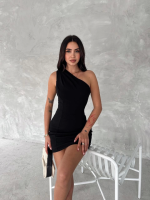 Tek Omuzlu Kolsuz Mini Boy Elbise - Siyah