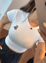 Bisiklet Yaka Kısa Kollu Nakışlı Crop - Beyaz - Görsel 3