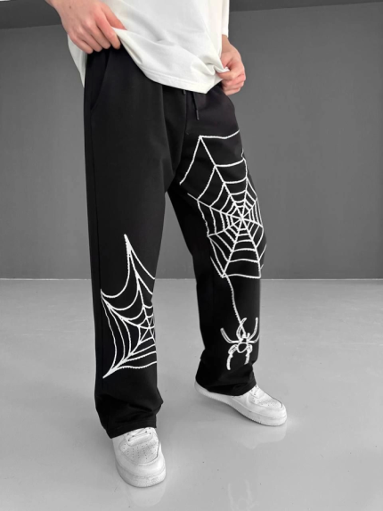 İki İplik Kumaş Örümcek Baskılı Esofman - Siyah