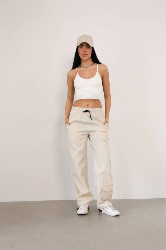 TY67c76e67db32567c76e67db328 Praşut Kumaş Paça Cepli Baggy Eşofman - Bej - Görsel 1