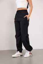 Praşut Kumaş Paça Cepli Baggy Eşofman - Siyah - Görsel 2