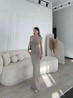 Kolsuz Uzun Likralı Elbise - Gri - Görsel 3