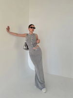 Uzun Etekli Önü Düğmeli Badi İkili Takım- Gri - Görsel 2